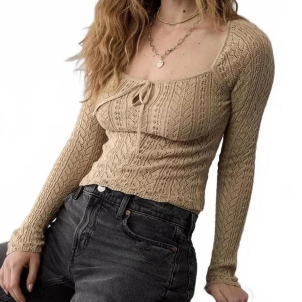 American Eagle cotton open knit sweater with tie detail. S